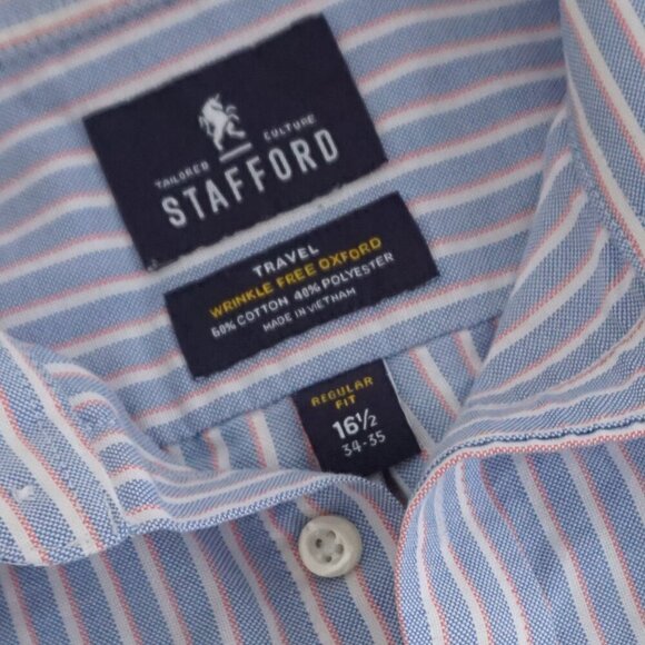 Stafford Blue White Pinstripe Wrinkle-Free Oxford Regular Fit Button Dress Shirt - Picture 10 of 10